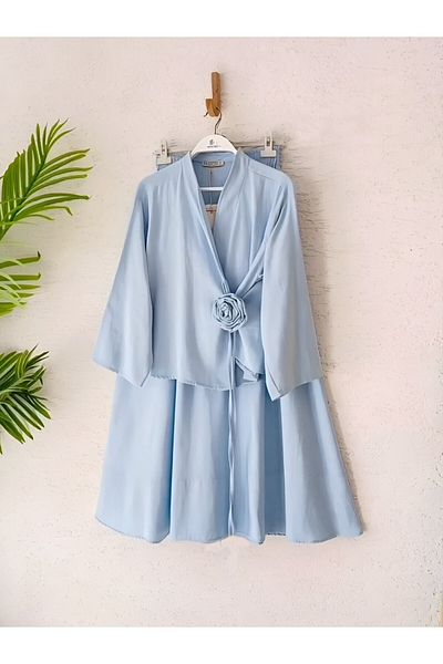 Modamorfo Rose Brooch Side Tie Jacket Skirt Linen Suit - Baby Blue