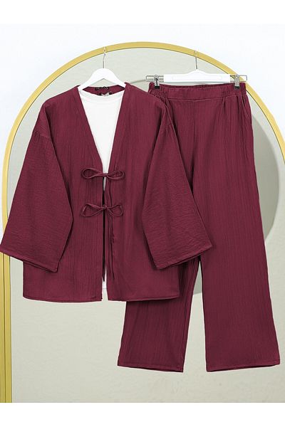 Modamorfo Crinkle Suit with Double Lace-Up Front Trousers - Burgundy