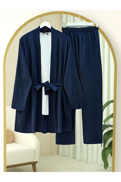 Modamorfo Crinkle Kimono Suit with Side Pockets and Belted Long Sleeve Trousers - Navy
