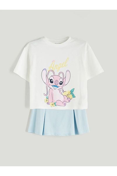 LC Waikiki Lcw Kids Blue Crew Neck Angel Printed Girl's T-Shirt and Skirt
