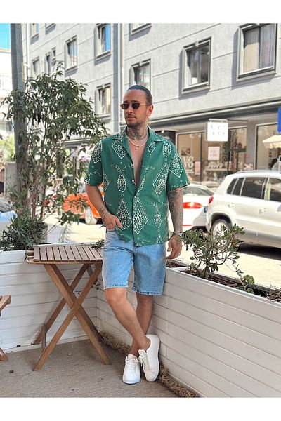 manch collection Short Sleeve Patterned Linen Shirt Green