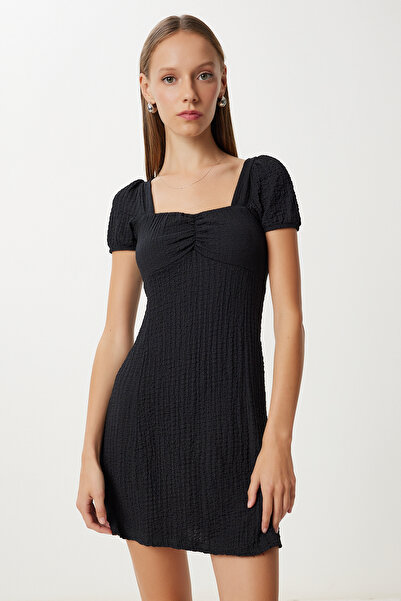 Lovelyİstanbul Dokulu Yazlık Mini Örme Elbise LUB0182 SİYAH