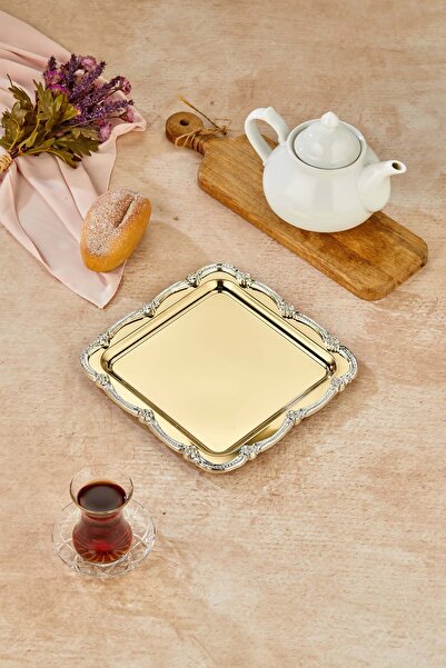 Turkco Square Series Metal Presentation Promise Engagement Tray, Gold Tray Silver Accessory