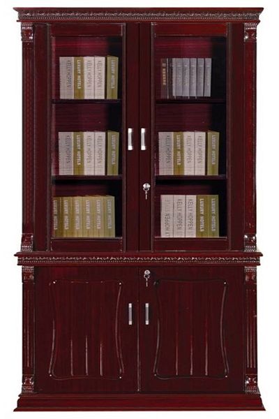 AWF AL WADI FURNITURE خزانة ملابس Ele Modern ذات الأبواب الأربعة ذات الإطار الزجاجي وخزانة الملفات القابلة للقفل بلمسة نهائية من خشب الماهوجني اللامع