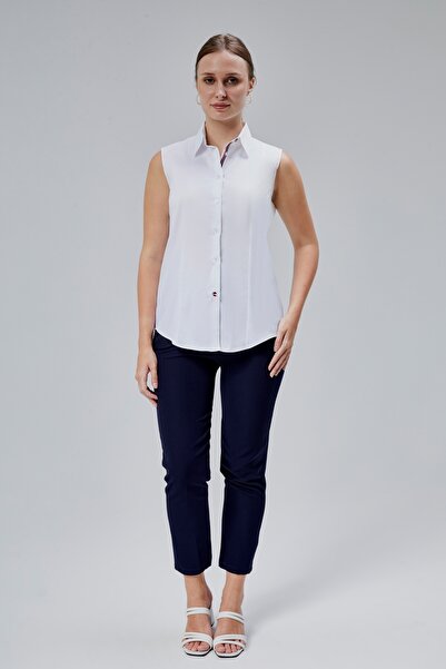 FARQIN Cămașă de damă slim fit din satin de bumbac alb cu mâneci zero din Lycra cu detaliu de dungi și nasturi