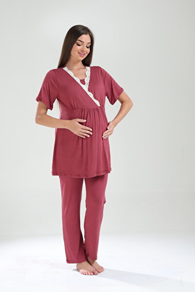 Lohussa Kadın Bordo Volanlı Özel Tasarım Desenli Dantelli Lohusa Hamile Sabahlık Pijama Takımı Seti