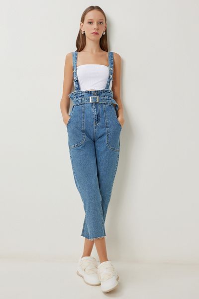 Lovelyİstanbul Denim Salopet with Strap Belt Lfg0091 Dark Blue