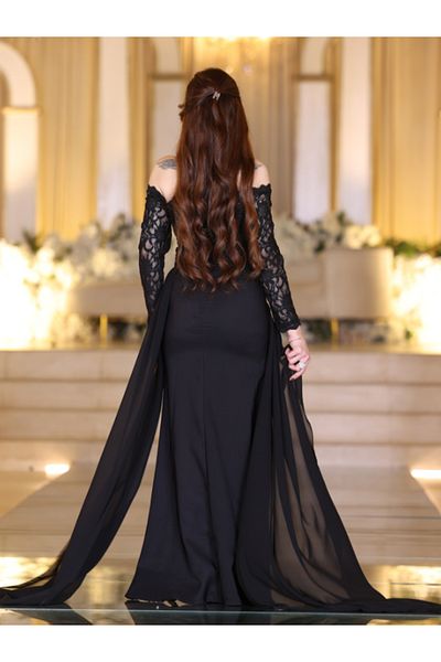 Nice Model Black Lace Off-Shoulder Mermaid Evening Dress with Long Sleeves & Train - Formal Gown