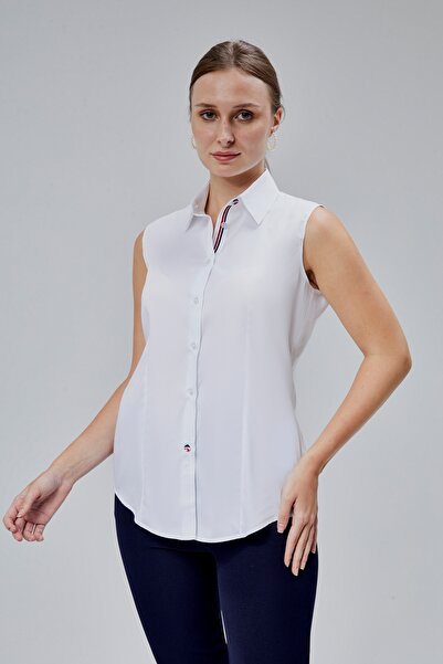 FARQIN Cămașă de damă slim fit din satin de bumbac alb cu mâneci zero din Lycra cu detaliu de dungi și nasturi