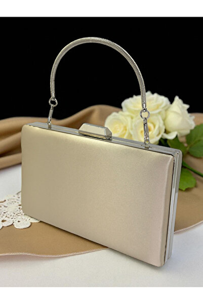 Biçanta Skin Nude Satin Color Silver Detailed Metal Handle Evening Dress Bag Evening Bag Engagement Wedding Bag