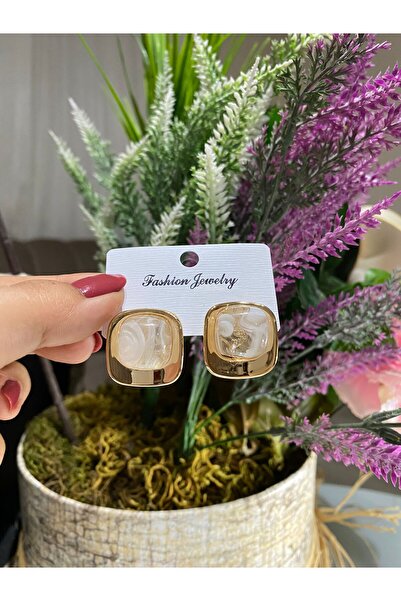 ŞİMŞEK KIRTASİYE BİJUTERİ أقراط نسائية مربعة الشكل من الحجر الملون مع شريط ذهبي