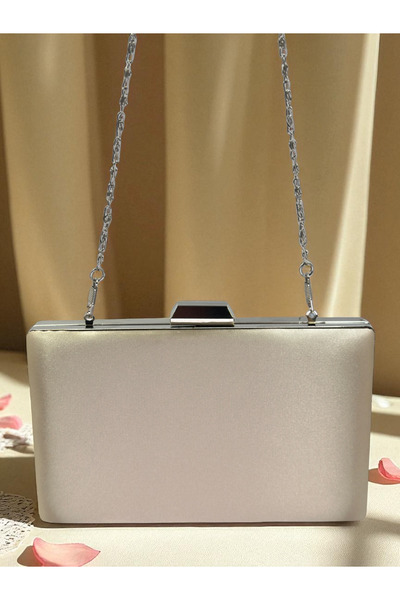 Biçanta Skin Nude Satin Color Silver Detailed Evening Dress Bag Evening Bag Engagement Wedding Bag