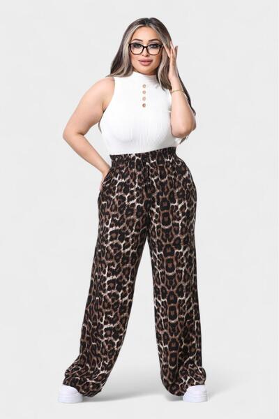 SOSYETE AVM Plus Size Leopard Pattern Cotton Women's Pajamas with Pockets Hom...
