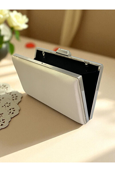 Biçanta Skin Nude Satin Color Silver Detailed Evening Dress Bag Evening Bag Engagement Wedding Bag