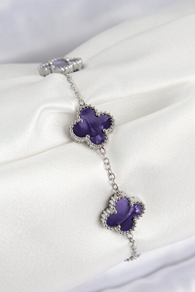 Skygo 316L Çelik Sedefli Mor Gümüş Renk Yonca Kadın Bileklik - TJ-BB7674