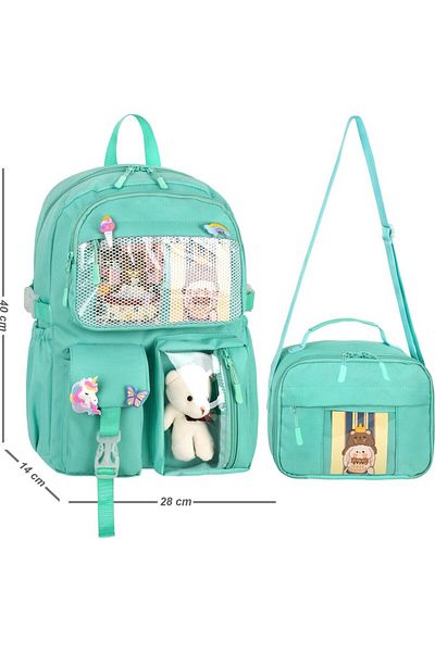 çantamgelsin Kawaii Korean Style Elementary School Backpack and Lunchbox with Accessories Aqua Green 25002