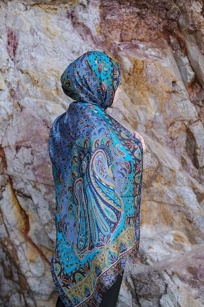 İPEKLİ COUTURE Lilac Turquoise Color Pure Indian Silk Shawl