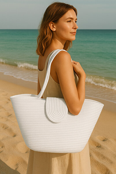Efuliz Home Geantă de plajă de culoare albă, geantă de umăr casual cu mâner lung, geantă naturală de tendință realizată manual