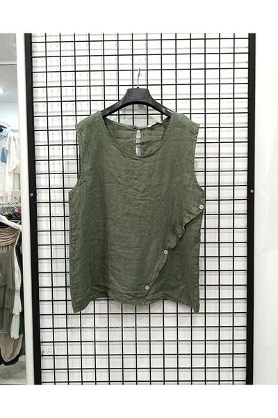 Butik Şans Button Detailed Zero Sleeve Italian Linen Blouse