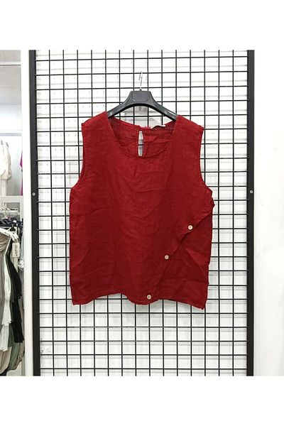 Butik Şans Button Detailed Zero Sleeve Italian Linen Blouse