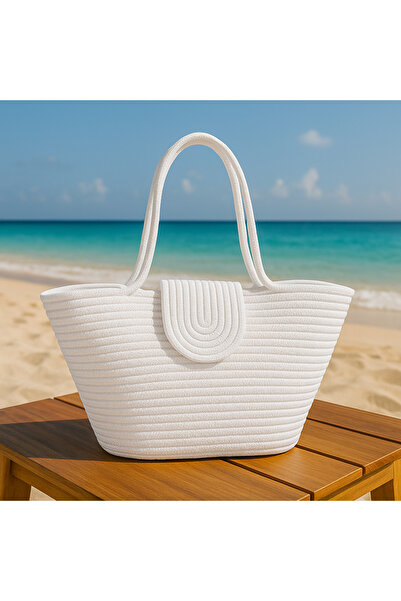 Efuliz Home Geantă de plajă de culoare albă, geantă de umăr casual cu mâner lung, geantă naturală de tendință realizată manual