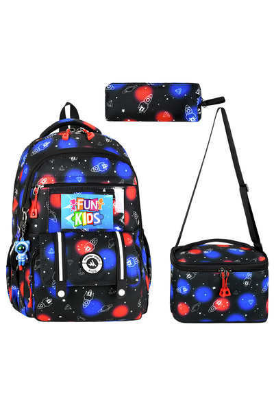 MASTER PACK Patterned 3-Piece Orthopedic School Bag Set School Bag Thermal Lunch Bag Pen Holder