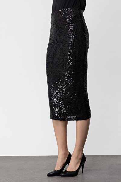 AYSİ COLLECTİON Fusta Midi Brodata Paiete Negru