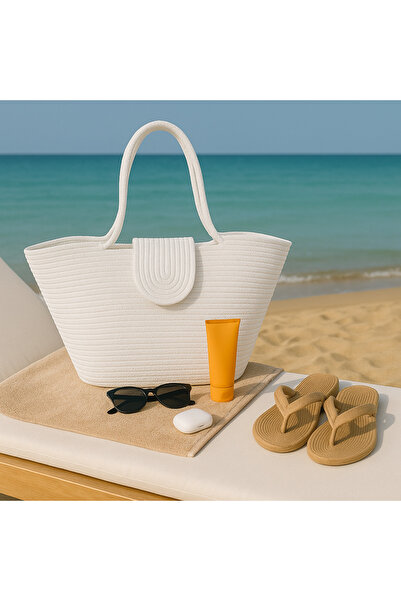 Efuliz Home Geantă de plajă de culoare albă, geantă de umăr casual cu mâner lung, geantă naturală de tendință realizată manual