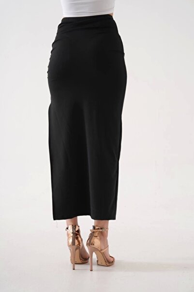 İntive Lingerie Long Slit Slim Fabric Skirt Black