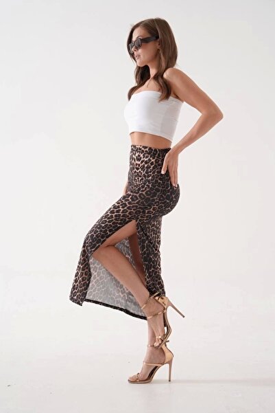 KAZAX Long Slit Slim Fabric Skirt Leopard