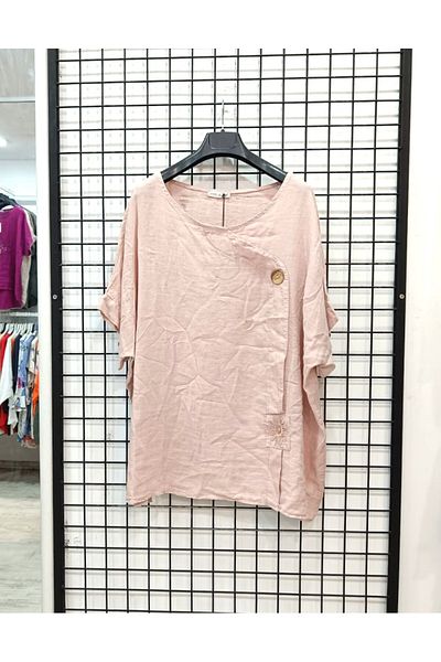 Butik Şans Button Detailed Crew Neck Pushing Linen Blouse