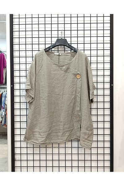 Butik Şans Button Detailed Crew Neck Pushing Linen Blouse