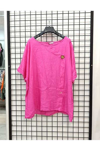 Butik Şans Button Detailed Crew Neck Pushing Linen Blouse