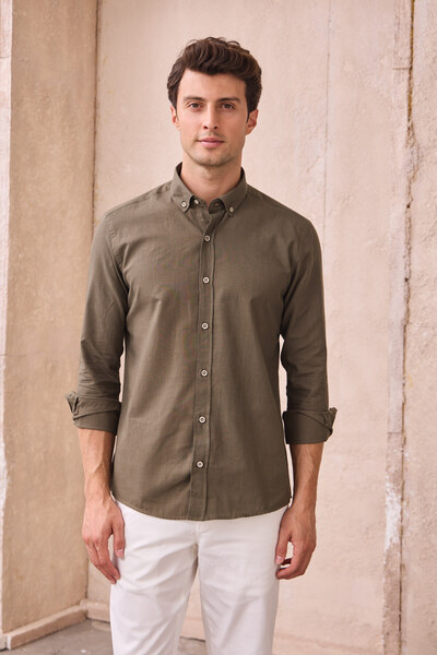 Pietra Paul Men's Slim Fit Slim Fit Buttoned Collar Linen Look 100% Cotton Flared Shirt
