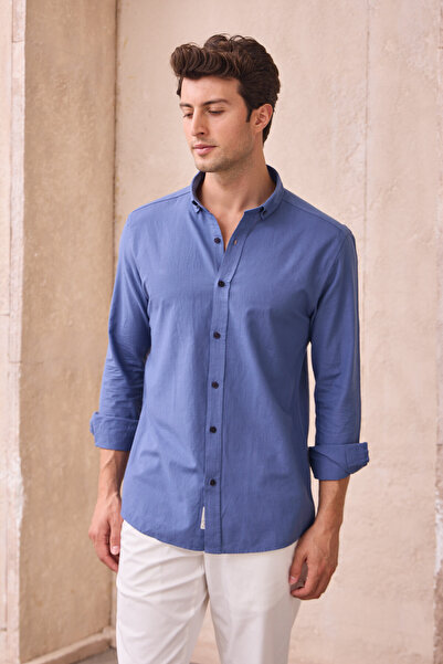 Pietra Paul Men's Slim Fit Slim Fit Buttoned Collar Linen Look 100% Cotton Flared Shirt