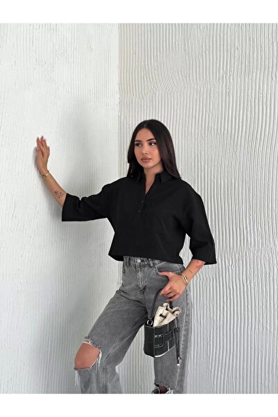 hibiscus Z Crepe Women's Crop Collar Shirt Button down Button Three Quarter Sleeve - Black