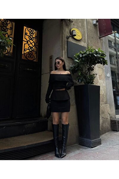 hibiscus Strapless, madonna, carmen collar cropped mini skirted double set knitwear - black