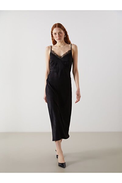 LC Waikiki Lcw Vision Black V-Neck Lace Detailed Satin Strap Dress
