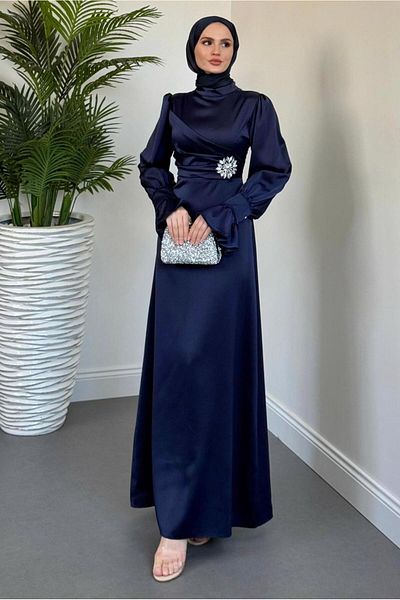 TRENDTESETTÜR Women's Dark Blue Satin Evening Dress t 2205