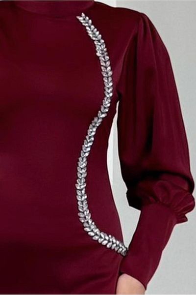 TRENDTESETTÜR Women's Bordo Stone Detailled Evening Dress t 1715
