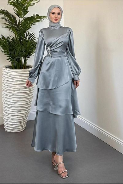 TRENDTESETTÜR Women's Gray Satin Evening Dress t 2730