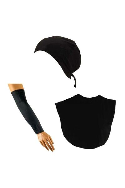 EL&BA GİYİM Black Hijab Set of 3Seamless Combed Cotton Bonnet, neck collar, a...