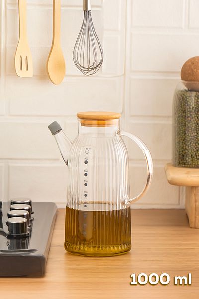Porsima 2091 Vacuum Scale Borosilicate Glass Oil Pot with Bamboo Lid Oil Pot Vinegar Pot 1000 ml