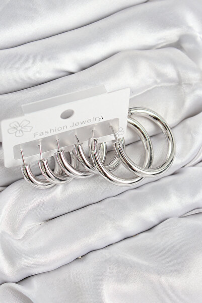 callerrons accessories طقم أقراط نسائية من النحاس على شكل حلقة فضية اللون - E...