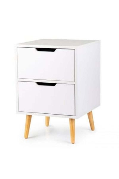 Modern home Noptiera cu 2 sertare si picioare din lemn masiv de pin, 58 x 40 x 40 cm, Modern Home, alba