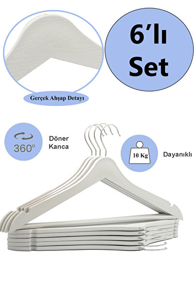 ARCH 6 Adet Beyaz Ahşap Görünümlü Plastik Askı Kıyafet Elbise Gömlek Askısı