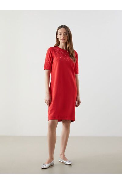 LC Waikiki Lcwaikiki Classic Red Crew Neck Beaded Embroidered Knitwear Dress