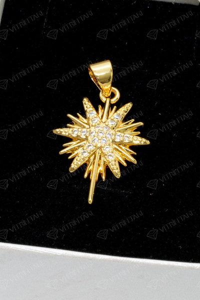 Çelik Yıldız Figürlü Altın Renk Zirkon Kolye Ucu
