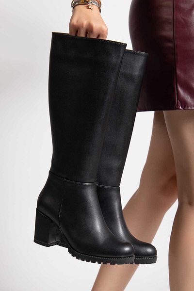 Lolo Life Oval Toe Side Zipper Leather Look Heeled Women's Black Boots 7cm Heel Zy-08