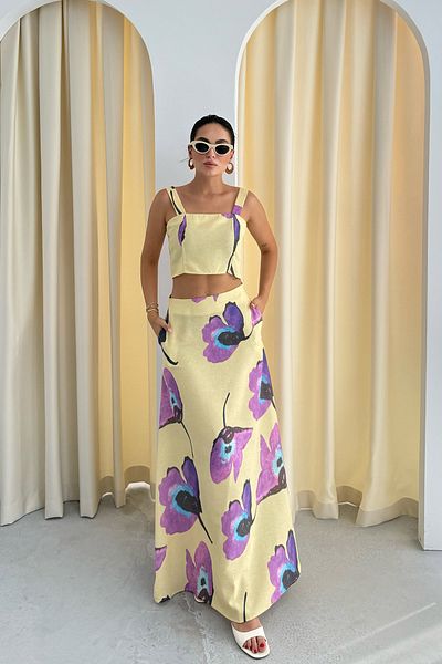 Seda Yalçın Atelier Σετ λινό Crop φούστα με πολύχρωμο λουλουδάτο σχέδιο